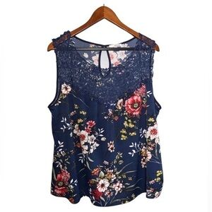 Mauve Blue Floral Sleeveless Stretch Knit Crochet Front Flowy Blouse 2X